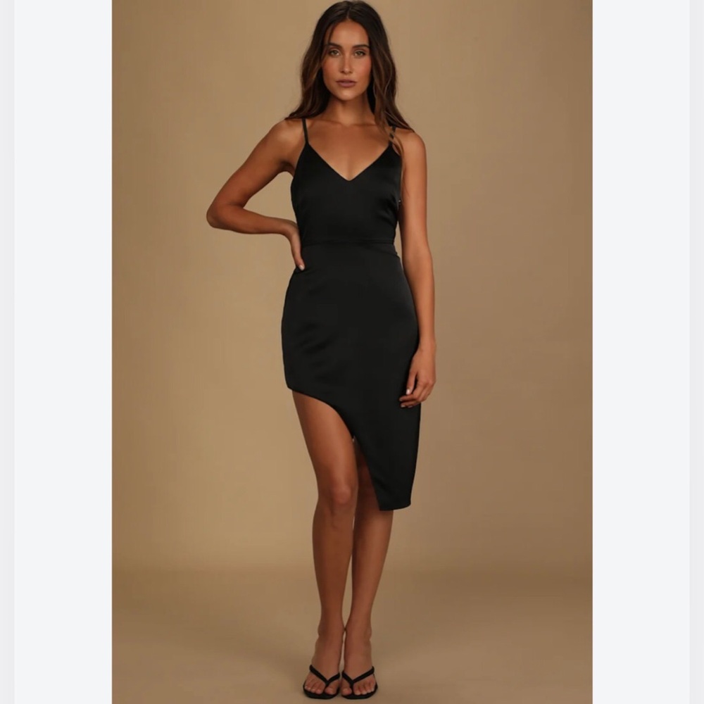 Lulu's Black Satin Asymmetrical Slip Dress Cocktail Party Date Night